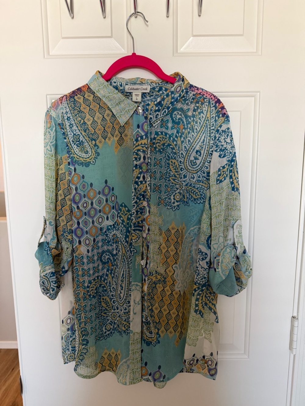 Coldwater Creek Teal, Gold & Cream Paisley Button-Up Shirt